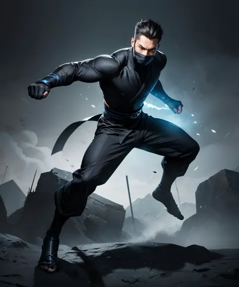 full body and head. handsome guy ninja, action pose, dramatic, dynamic