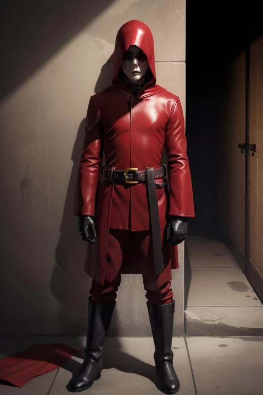 1boy, solo male, closed red robes, red tunic, red pants, (ceramic face covering), (red gloves), gold buckle, leather belt, blue boots, hiding in shadow, staring, creepy, horror, stalker, dark, darkness,