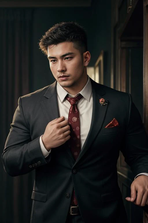 ( young men, )
epiCPhoto,  quality, masterpiece, intricate details, an (aggressive) (zombie pose) average 25yo Asian (plump round belly:0.7) boy, short hair, portrait, fantasy,, lapel pins , (broad shoulders:0.6), 8k uhd, high quality, dramatic, cinematic, (skin imperfections), waning light, dark background, flash photography,