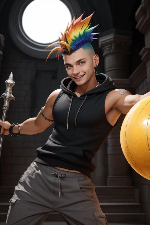 1boy, 21 years old, toned, (rainbow mohawk:1.2), undercut, ponytail, smile, crazy, wide eyes, green eyes, sleeveless, hoodie, tight (shirt), baggy pants, fighting stance, holding silver (staff, scepter), spiked wristbands, [orange color], castle interior, giant yellow sphere,  piercings, jewelry, balancing, giant ball,, (best quality, masterpiece, perfect face, beautiful and aesthetic:1.2, dynamic angle, highest detailed face, detailed eyes)