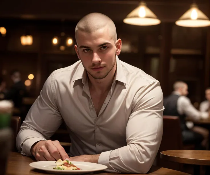 wide angle, athletic manly guy at table booth,soft smile, buzzcut, unbuttoned shirt,
dark low lit , clutter,
date night, elegant restaurant,
crowded,
((dimly lit, low lit, deep focus, snapchat)),
bad quality , grainy jpg , blurred, motionblur, ugly,