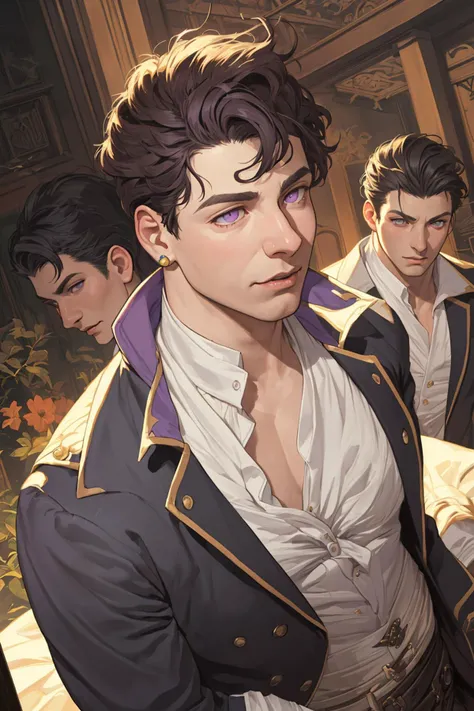 by Marc Simonetti , (by Frank Lloyed Wright:1.5) , pale face , High Angle (3/4 view) medium Close shot (focus on chest), dynamic pose, regency period fashion, purple eyes , 3boys