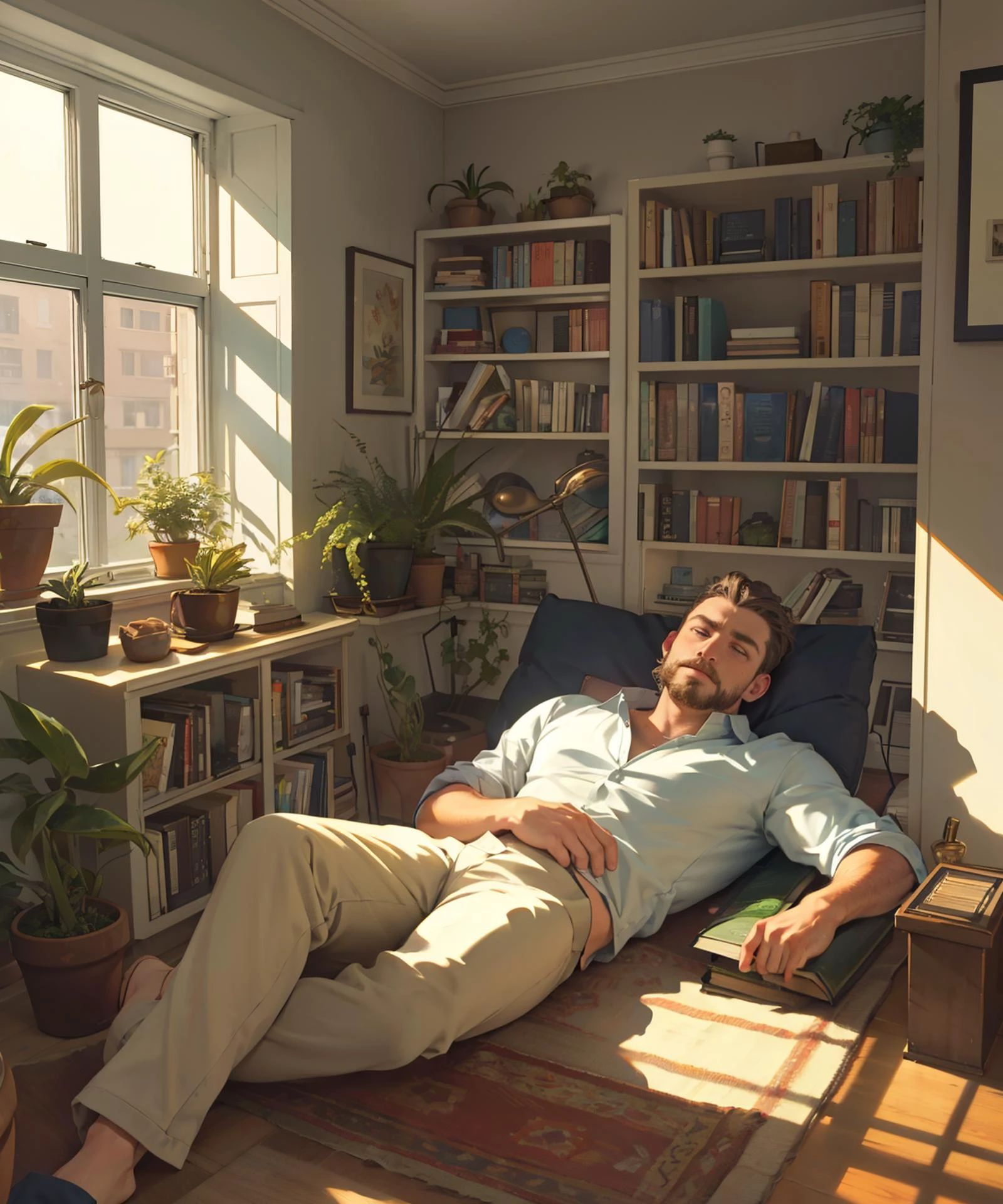 a man laying on the floor in a room with a window and a book shelf behind him and a potted plant in the corner, hyperrealistic, a photorealistic painting, realism