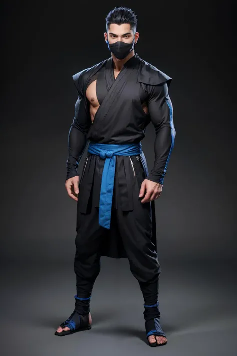 full body and head. handsome guy ninja, color scheme black blue