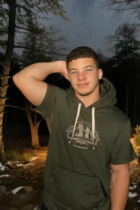 epiCPhoto, best quality, masterpiece, intricate details, (1boy, 20yo,) smirk, redneck, hoodie, outdoors, nighttime, deep woods, arm raised over head, <lora:Gaymer:0.91>