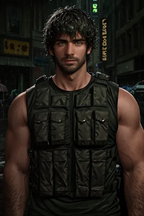 1male, masterpiece, absurdres, city night rain background, black shaggy hair, bullet proof vest, (sleeveless green shirt), chest hair, looking at viewer, handsome, stubble