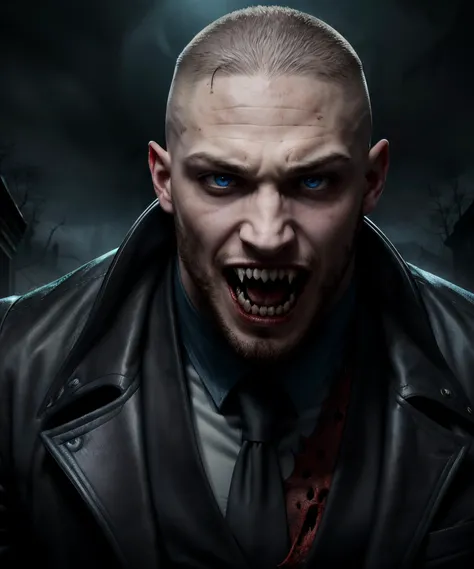 manly vampire guy, vampire fangs, pale skin, glowing blue eyes, Tom Hardy, action pose, horror, obscure, surreal, scary, haunting, vivid, vibrant, saturated