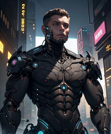 biomechanical cyberpunk shirtless guy, cybernetics, human-machine fusion, dystopian, organic meets artificial, dark, intricate, highly detailed