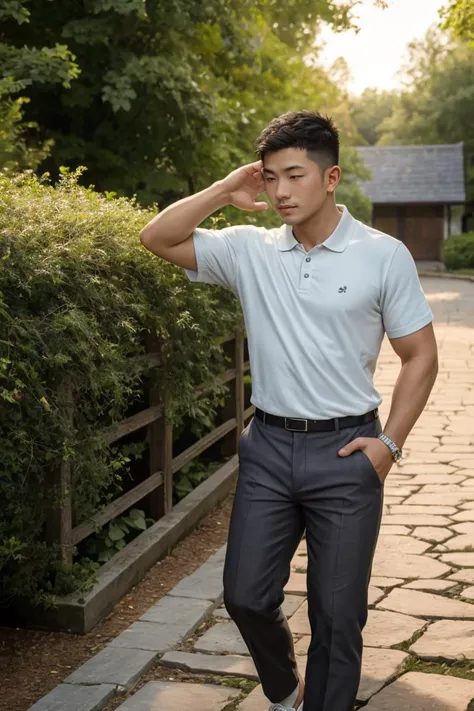 ( young men, )
epiCPhoto, quality, masterpiece, intricate details, an (relaxed) (paw pose) average 35yo Asian unathletic boy, short hair, from the side, stone walkway, polo tee, linen pants, and boat shoes , (broad shoulders:0.6), 8k uhd, high quality, dramatic, cinematic, (skin imperfections), waning light, dark background, flash photography,
