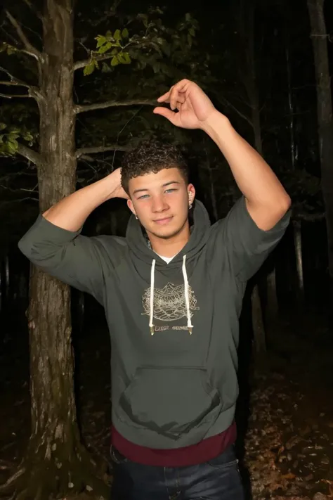 epiCPhoto, best quality, masterpiece, intricate details, (1boy, 20yo,) smirk, redneck, hoodie, outdoors, nighttime, deep woods, arm raised over head, <lora:Gaymer:0.91>