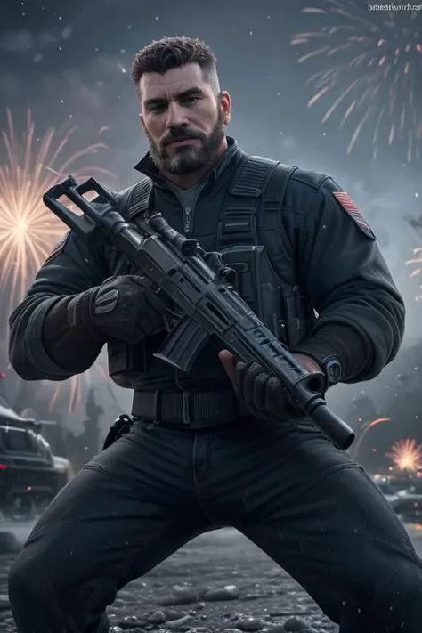 (best quality, high quality:1.2, highres, incredibly absurdres, very very smooth, masterpiece), best mustache commander man attacking with his giant plastic shotgun, realistic holding weapon movement, intricate 3d battelfield, fireworks, very strong depth of field, vivid creative battlefield 3d background, best 3d, exceptional high quality 3d rendering, unreal engine 5, tesselllation, ray-tracing, new, newest, best aesthetic, epic creative, majestic original, black commandforce