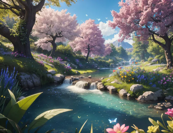 masterpiece, best quality, high quality, extremely detailed cg unity 8k wallpaper, an extremely colorful and purely fantasy environment with vibrant hues and a bright sky, landscape of bright green grass, colorful trees, glittering fruits, and bright blue flowers. the streams are a deep shade of blue, and the air is filled with sweet exotic scents. the environment appears to be taken out of a dream, with luminescent butterflies and giant colorful birds flying around, award winning photography, bokeh, depth of field, hdr, bloom, chromatic aberration ,photorealistic,extremely detailed, trending on artstation, trending on cgsociety, intricate, high detail, dramatic, art by midjourney