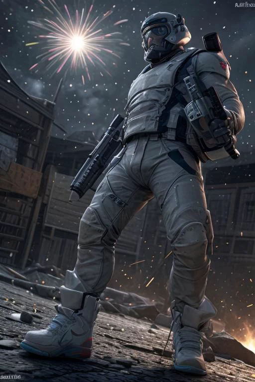(best quality, high quality:1.2, highres, incredibly absurdres, very very smooth, masterpiece), best mustache commander man attacking with his giant plastic shotgun, realistic holding weapon movement, intricate 3d battelfield, fireworks, very strong depth of field, vivid creative battlefield 3d background, best 3d, exceptional high quality 3d rendering, unreal engine 5, tesselllation, ray-tracing, new, newest, best aesthetic, epic creative, majestic original,ultramarine commandforce