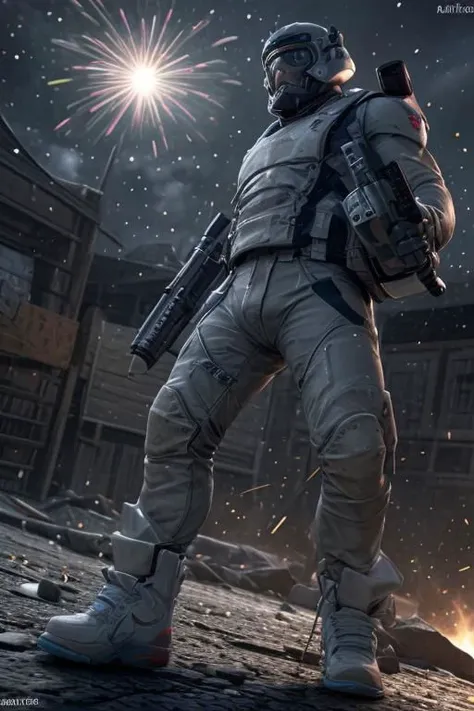 (best quality, high quality:1.2, highres, incredibly absurdres, very very smooth, masterpiece), best mustache commander man attacking with his giant plastic shotgun, realistic holding weapon movement, intricate 3d battelfield, fireworks, very strong depth of field, vivid creative battlefield 3d background, best 3d, exceptional high quality 3d rendering, unreal engine 5, tesselllation, ray-tracing, new, newest, best aesthetic, epic creative, majestic original,ultramarine commandforce