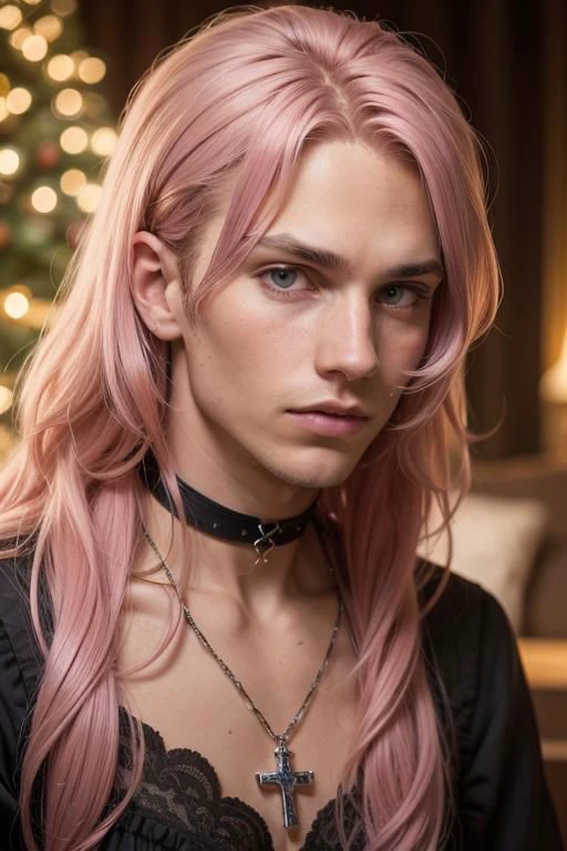 masterpiece, high quality, 1guy, male, solo, upper body, pink hair, long hair, gothic choker, cross, skinny, christmas tree, close-up face,