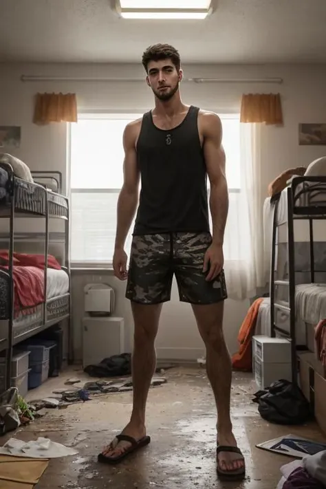 armenian college stud, 19yo, fit, handsome face, scruffy, perfect face, perfect eyes, serious, penis Messy college dorm room, loose tank top, very long boardshorts covering knees, detailed background, hi-res, 8k, (Masterpiece, high quality:1.3)