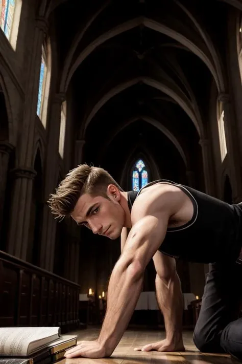 ( young men, )
epiCPhoto,  quality, masterpiece, intricate details, an (smug) (all fours) average 20yo Greek slender Twink boy, short hair, dynamic angle, church, cufflinks , (broad shoulders:0.6), 8k uhd, high quality, dramatic, cinematic, (skin imperfections), waning light, dark background, flash photography,