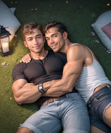 two men, mature, masculine, tanned man next to a white man, lying down, lying on ground, next to each other, stargazing, evening, night, grass, dim, shadows, cuddling, lovers, hugging, toned, t-shirt, tank top, shorts, jeans, smiling, happy, content, fireflies, Fixhand