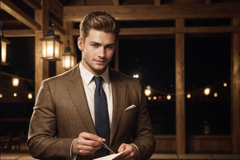 ( young men, )
epiCPhoto, quality, masterpiece, intricate details, an (delighted) (letter pose) average 30yo Black unathletic man, short hair, portrait, onsen,, brown tweed suit, ivory dress shirt, knitted tie, brown suede brogues , (broad shoulders:0.6), 8k uhd, high quality, dramatic, cinematic, (skin imperfections), waning light, dark background, flash photography,