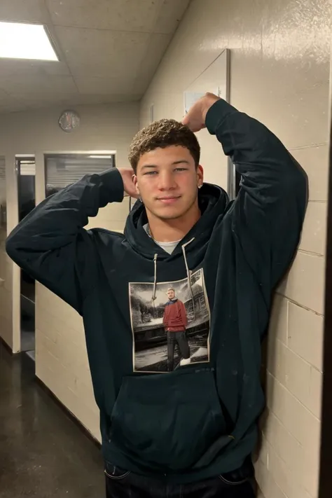 epiCPhoto, best quality, masterpiece, intricate details, (1boy, 20yo,) smirk, redneck, hoodie, outdoors, nighttime, school hallway, arm raised over head, <lora:Gaymer:0.91>