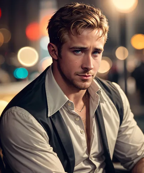 Ryan gosling goes shirtless in front of crowded people on a City Street.his nipple touched by the Guy. He gigles. He laugh. The wind blow the coat. He just wear the vest with no Shirt inside. (winter)