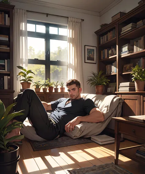 A sexy  man sitting next to a window, looking at the camera seductively, beautiful room filled with books,and plants, sunlight coming from window , homoerotic, nsfw 