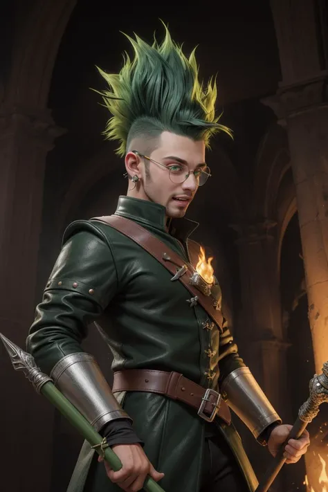 1boy, 21 years old, toned, (green hair:1.2), chimney hair, mohawk, tuft, fighting stance, holding silver (staff, scepter), black leather straps, wristbands, [green color], castle interior, piercings, jewelry, lava, glasses, crazy, insane, sleeves,, (best quality, masterpiece, perfect face, beautiful and aesthetic:1.2, dynamic angle, highest detailed face, detailed eyes)