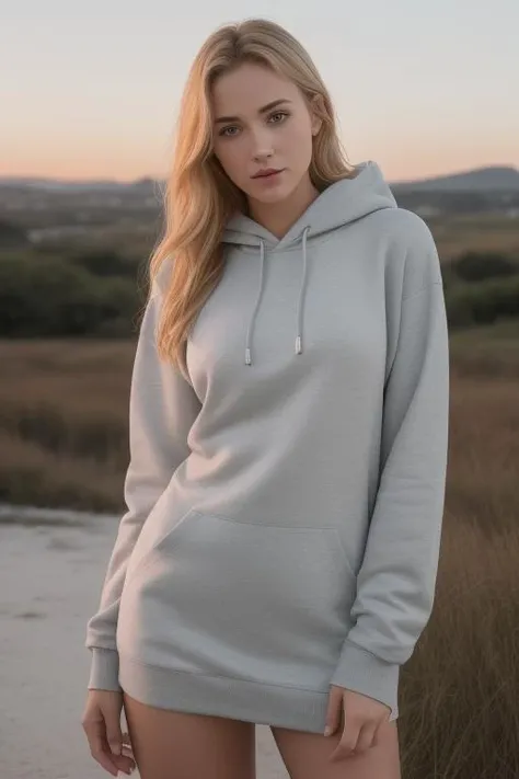 1girl, (solo), adult, mature face, Germany appearance, posing, blonde hair, wave hair, shiny hair, detailed hair,(green eyes:0.9), beautiful_detailed_eyes, expressive,horny,medium breast, perfect body, strong body, skinny, 
dress in hoodie, clothes tug, oversized clothes, sweater tug, (wind:1.3), pantyshot,
in the background sunrise,  <lora:skirt_tug_v0.1:1>, ((4k, ultrarealistic, realistic, natural skin,studio quality,best quality,grainy,perfect artwork,precise line-art))