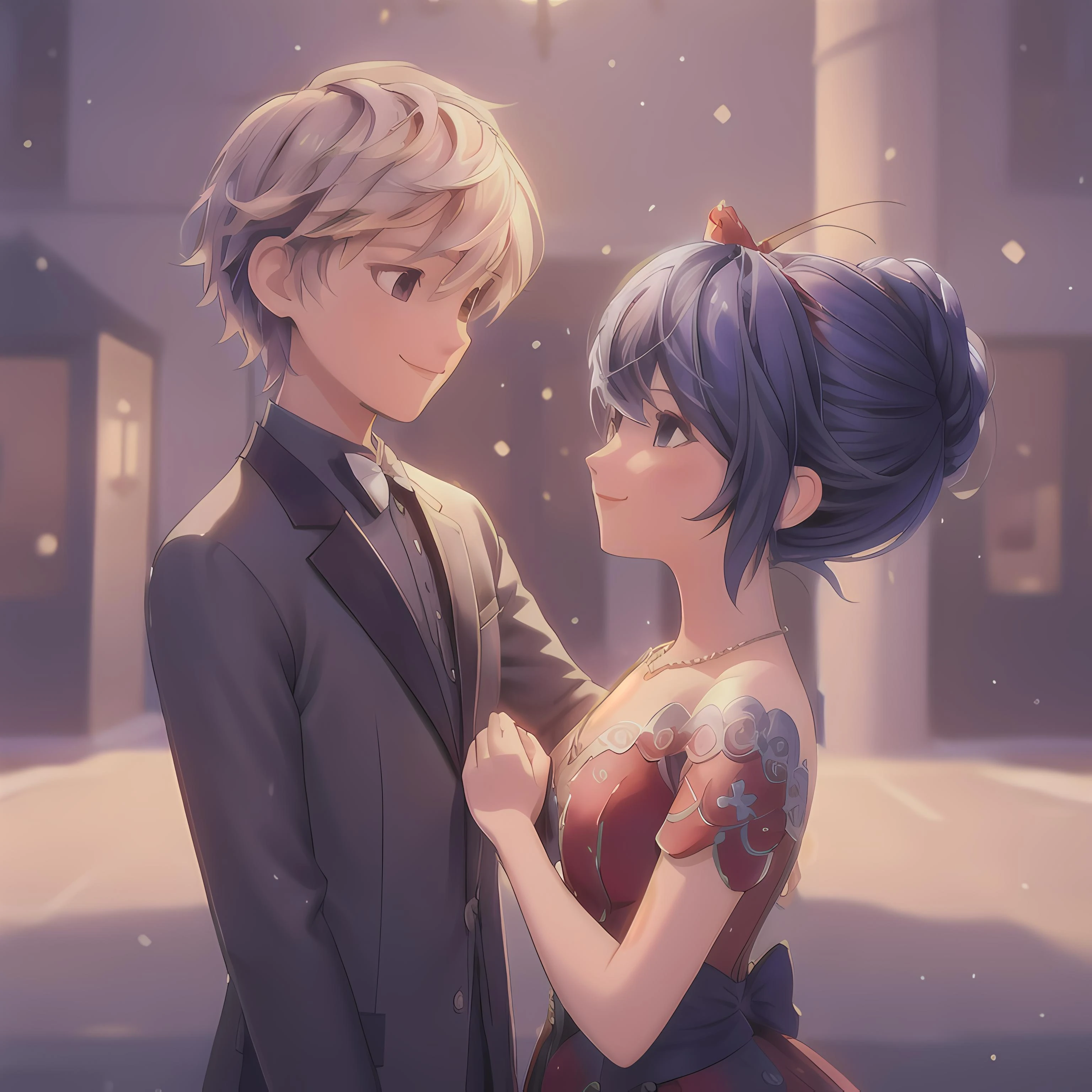 (girl and boy:1), smiling, ((high resolution illustration)), ((extremely detailed)), (couple), Marinette, (Adrian), <lora:MarinetteAdrian Ball Outfits-000025:0.9>,