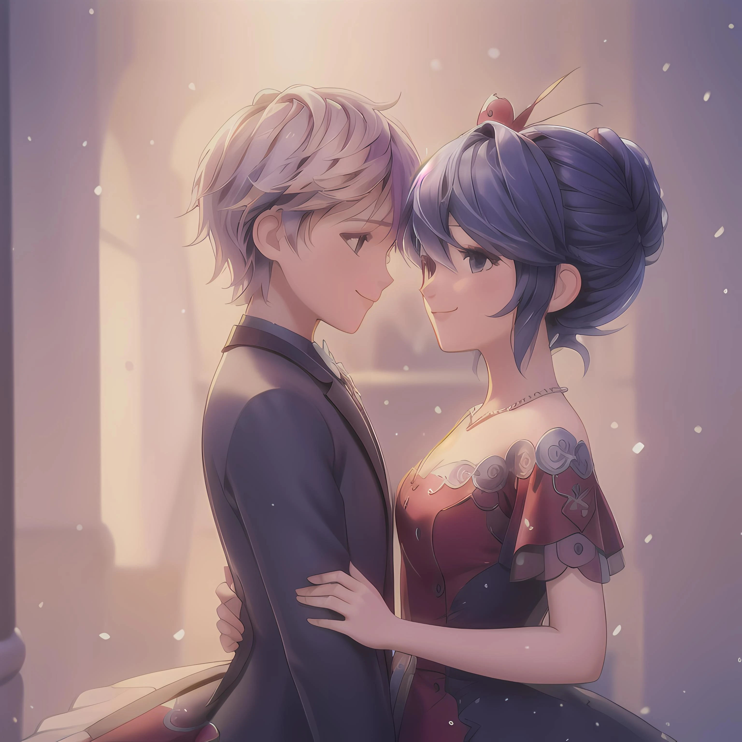 (girl and boy:1), smiling, ((high resolution illustration)), ((extremely detailed)), (couple), Marinette, (Adrian), <lora:MarinetteAdrian Ball Outfits-000025:0.9>,