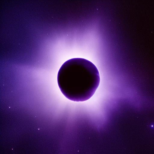 detailed spherical photograph of a small dark nebula in front of a large blue-purple nebula, high-resolution Hubble, wide field