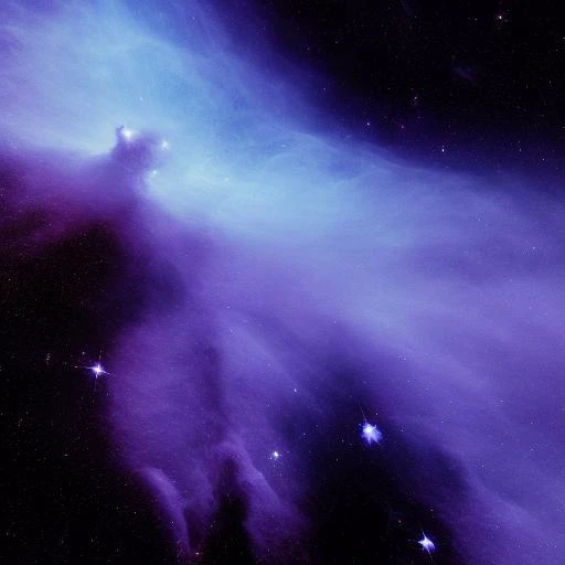 detailed photograph of a blue-purple nebula in background, black nebula in foreground, stellar jets, high-resolution Hubble, wide field
