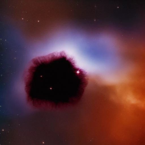 detailed photograph of a small black nebula in front of a large blue-purple nebula, high-resolution Hubble, wide field