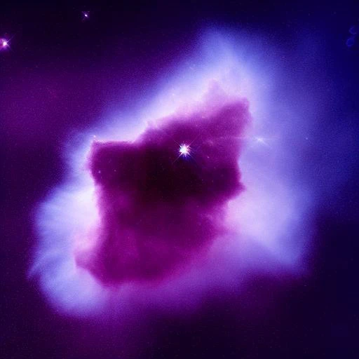 detailed photograph of a small dark nebula in front of a large blue-purple nebula, high-resolution Hubble, wide field