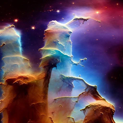 detailed photograph of a purple nebula, pillars of creation, high-resolution Hubble, wide field