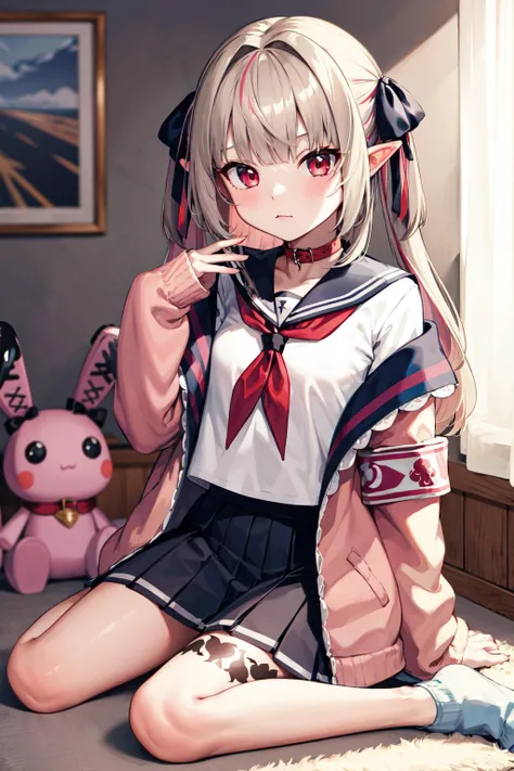 masterpiece, best quality, highres, ccrrm, long hair, two side up, hair ribbon, black ribbon, red collar, sailor collar, red neckerchief, serafuku, white shirt, pink jacket, sleeves past wrists, armband, open clothes, off shoulder, pleated skirt, leg tattoo, <lora:makaino_ririmu_v1:0.8>, room, stuffed toy, stuffed bunny, wariza, indoors,