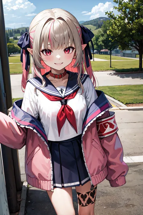 masterpiece, best quality, highres, ccrrm, long hair, two side up, hair ribbon, black ribbon, red collar, sailor collar, red neckerchief, serafuku, white shirt, pink jacket, sleeves past wrists, armband, open clothes, off shoulder, pleated skirt, leg tattoo, <lora:makaino_ririmu_v1:0.8>, outdoors, cowbow shot, smile