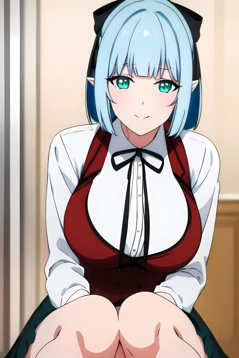 ((masterpiece, best quality)),1girl, squatting, from behind, ass,(green_eyes)BREAK, lack_skirt, blue_hair, (black_skirt),(black bow), cowboy_shot, long_sleeves, looking_at_viewer, pleated_skirt, pointy_ears,(red_vest:1.2)BREAK,ribbon, school_uniform, shirt, short_hair, skirt, smile, solo,white_shirt smile, solo,,extremely detailed CG unity 8k wallpaper, perfect lighting,Colorful, Bright_Front_face_Lighting,White skin, (masterpiece:1.0),(best_quality:1.0), ultra high res,4K,ultra-detailed, photography, 8K, HDR, highres, absurdres:1.2, Kodak portra 400, film grain, blurry background, bokeh:1.2, lens flare, (vibrant_color:1.2),professional photograph,Beautiful,medium_Breasts, (beautiful_face:1.5),(narrow_waist),Beautiful Finger,Beautiful long legs,Beautiful body,Beautiful Nose,Beautiful character design, perfect face,perfect balance,