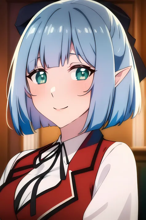 ((masterpiece, best quality)),1girl,green_eyes,standing, lack_skirt, blue_hair, black bow, breasts, cowboy_shot, long_sleeves, looking_at_viewer, pleated_skirt, pointy_ears,((red_jacket)),((red_vest)), ribbon, school_uniform, shirt, short_hair, skirt, smile, solo,white_shirt smile, solo,,extremely detailed CG unity 8k wallpaper, perfect lighting,Colorful, Bright_Front_face_Lighting,White skin, (masterpiece:1.0),(best_quality:1.0), ultra high res,4K,ultra-detailed, photography, 8K, HDR, highres, absurdres:1.2, Kodak portra 400, film grain, blurry background, bokeh:1.2, lens flare, (vibrant_color:1.2),professional photograph,(Beautiful,medium_Breasts), (beautiful_face:1.5),(narrow_waist),Beautiful Finger,Beautiful long legs,Beautiful body,Beautiful Nose,Beautiful character design, perfect face,perfect balance,