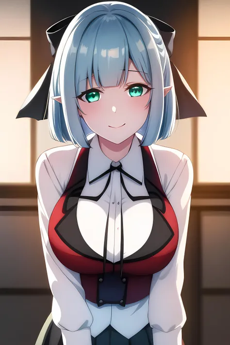 Short white hair, blue eyes, eyepatch, adorable smile, cute smile, skirt, short skirt, topless, nothing on top, big butt, big ass, wide hips, thick thighs, thigh highs, small boobs, looking up at viewer, front view, lusty smile, succubus, fellatio, open mouth, tongue, sticking out tongue, 