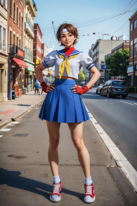 sakurasf5, short brown hair, brown eyes, white headband, white serafuku, shirt, red fingerless gloves, yellow neckerchief, blue skirt, red sneakers, looking at viewer, smiling, happy, full body shot,
standing, hand on hip, outside, city, street, blue sky, extreme detail, masterpiece, <lora:sakuraSF5:.8>