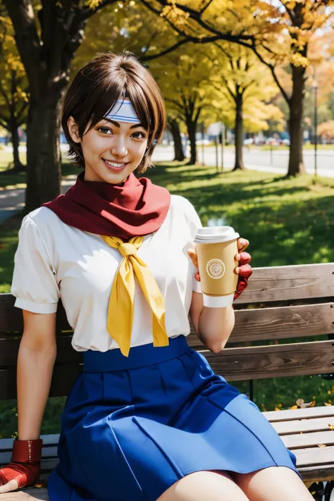 sakurasf5, short brown hair, brown eyes, white headband, white serafuku, shirt, red fingerless gloves, yellow neckerchief, blue skirt,  looking at viewer, smiling happy, 
sitting, on bench, holding a coffee cup, outside, park, trees, autumn, extreme detail, masterpiece,  <lora:sakuraSF5:.8>