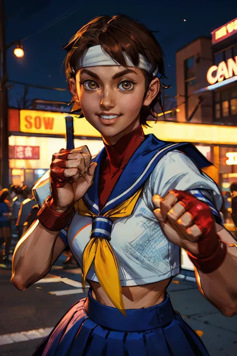 sakura, short brown hair, brown eyes,white headband, blue serafuku, shirt, yellow neckerchief, midriff, blue skirt, red fingerless gloves, looking at viewer, smiling, upper body shot, fighting pose, outside,city, night, neon lighting, high quality, masterpiece <lora:sakuraSF4-10V2:.8>