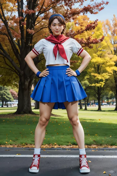 sakurasf5, short brown hair, brown eyes, white headband, white serafuku, shirt, red fingerless gloves, yellow neckerchief, blue skirt, red shoes, looking at viewer, serious, smiling, 
standing, hands on hips, outside, park, trees, autumn, extreme detail, masterpiece,  <lora:sakuraSF5:.8>