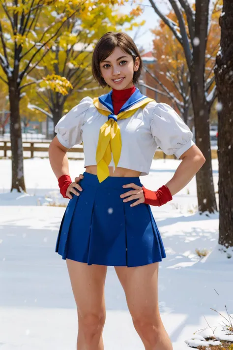 sakura, short hair, brown hair, brown eyes,white headband, blue serafuku, shirt, midriff, red fingerless gloves, yellow neckerchief, blue skirt, looking at viewer, smiling, standing, hands on hips, outside, park, trees, field, autumn, snowing, overcast, high quality, masterpiece <lora:sakuraSF4-10V2:.8>