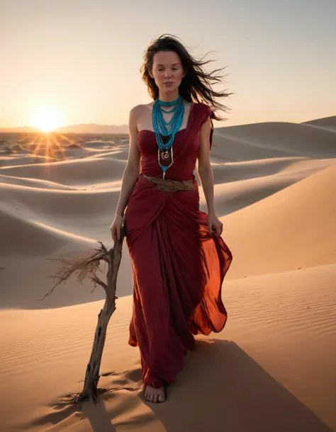 In the heart of a barren desert, under a sky painted with hues of crimson and gold by the setting sun, stands Morgan, a woman of ethereal beauty. Her black hair cascades down her back like a waterfall, catching the last rays of sunlight, creating an aura of radiance around her. Dressed in an intricate, flowing gown made of shimmering sandsilk that mirrors the dunes around her, she is a living embodiment of the desert's mystique and resilience. Her eyes, deep pools of obsidian, reflect the wisdom and strength that come from surviving in this harsh landscape. A turquoise necklace made from desert stones, gifted by the very sands she walks upon, adorns her neck, glowing with an otherworldly luminescence. Her pose is one of quiet defiance, one hand resting on her hip, the other holding a staff carved from the heartwood of a long-dead tree, a symbol of life and hope in this desolate land. The camera captures Morgan from a low angle, emphasizing her towering presence amidst the small dunes, while the soft, golden light bathes her in a warm, comforting glow, contrasting with the harsh, stark beauty of the desert behind her. The emotional tone of this image is one of strength and resilience, a testament to Morgan's indomitable spirit even in the most unforgiving of environments. <lora:knuuqs18fe0cf88bcp577:1>