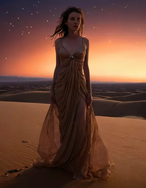 A lone, enigmatic figure with flowing brown tresses stands defiantly atop a windswept dune in the desolate expanse of a moonlit desert, her dark almond-shaped eyes gazing out towards the distant horizon as if searching for an escape from the barren landscape that surrounds her. Known only as Morgan, she is the sole inhabitant of this desolate world, her silhouette framed against the backdrop of a sky ablaze with the fiery hues of sunset and the twinkling stars that have begun to appear in the twilight. Her dark tresses billow like tendrils of smoke in the gusting wind, casting an ethereal glow over the golden sands at her feet as she clings to a shimmering gown woven from iridescent silk and encrusted with shimmering crystals, a symbol of hope amidst the desolation. Despite the seemingly insurmountable odds against her, Morgan stands tall and determined, her posture speaking volumes about her indomitable spirit as she stares down the rocky canyon that stretches out before her, daring it to challenge her resolve. <lora:knuuqs18fe0cf88bcp577:1>