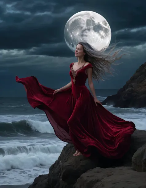 In the stillness of a night bathed in the crescent moon's glow, Morgan stands tall atop a precipice, her crimson gown billowing like a waterfall of velvet roses, adorned with intricate designs reminiscent of ancient Egyptian hieroglyphs. Her long, silver hair whips around her like tendrils of smoke as she stretches out her arms to the celestial bodies above, her eyes reflecting the depth and mystery of the cosmos. The ocean lies vast below, its waves crashing at her feet like a symphony of sound and fury. As Morgan sings silently to the moon, her lips parted in awe and wonder, the camera angles low, capturing her from below, making her appear almost godlike against the dark backdrop of the sea and the ominous mountains beyond. <lora:knuuqs18fe0cf88bcp577:1>