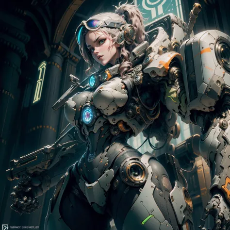 ((Best quality)), ((masterpiece)), (highly detailed:1.3), 3D, beautiful (cyberpunk:1.2) special forces robort,(holding weapon, aiming, submachine gun:1.2),female with thick voluminous hair wearing  tactical gear, body armour,HDR (High Dynamic Range),Ray Tracing,NVIDIA RTX,Super-Resolution,Unreal 5,Subsurface scattering,PBR Texturing,Post-processing,Anisotropic Filtering,Depth-of-field,Maximum clarity and sharpness,Multi-layered textures,Albedo and Specular maps,Surface shading,Accurate simulation of light-material interaction,Perfect proportions,Octane Render,Two-tone lighting,Wide aperture,Low ISO,White balance,Rule of thirds,8K RAW,Efficient Sub-Pixel,sub-pixel convolution, <lyco:BetterGuns-V1:0.8> <lora:FINAL Robort:1>
