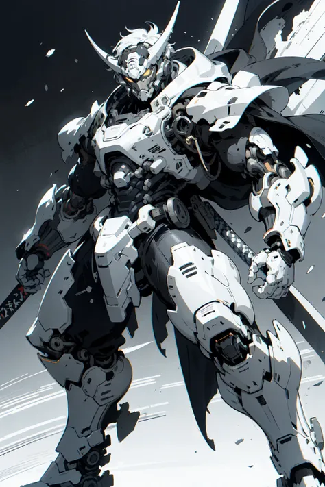 ((black and white line art)) (comic style)
1man, oni mask, dynamic pose, cybernetic samurai armor, mechanical arms, science fiction, glowing mecha, japanese traditional style ,katana ,
negative space, dynamic lighting, clear lines, high contrast,
absurdres, best quality, negative space, by Yoji Shinkawa
<lora:FINAL Robort:1> <lora:nijiMecha:0.7>